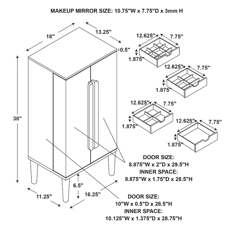 Solid Jewelry Armoire on Tapered Legs - 38 - Brown