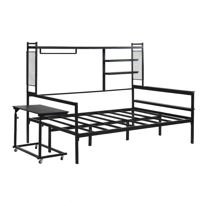 Versatile Daybed with Movable Desk, Metal Sofa Bed Frame with Metal Grid, Shelves and Clothes Hanger, No Box Spring Needed