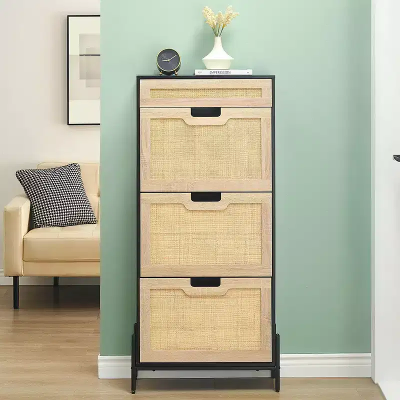 Acekool Rattan Shoe Cabinet with 3 Flip Drawers, 1 Top Drawer & 4 Adjustable Shelves, Compact Entryway Organizer with Metal Legs and Anti-Tip Device