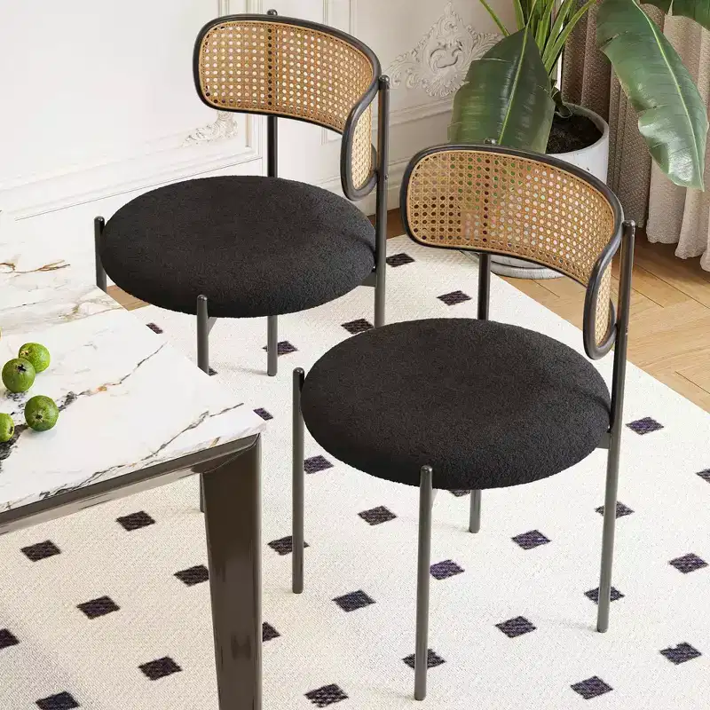 MAYEERTY Modern Upholstered Dining Chairs Set of 2 with Metal Legs Rattan Back Dining Room Chairs for Kitchen Black