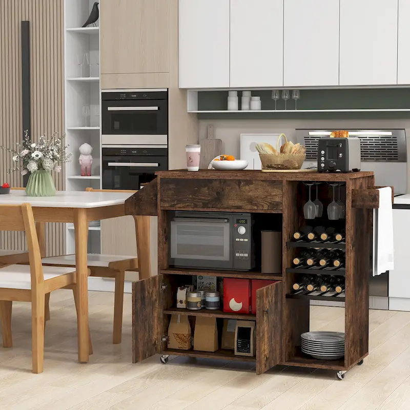 Kitchen Island Cart w/ Drop-Leaf & Power Outlet Microwave Shelf