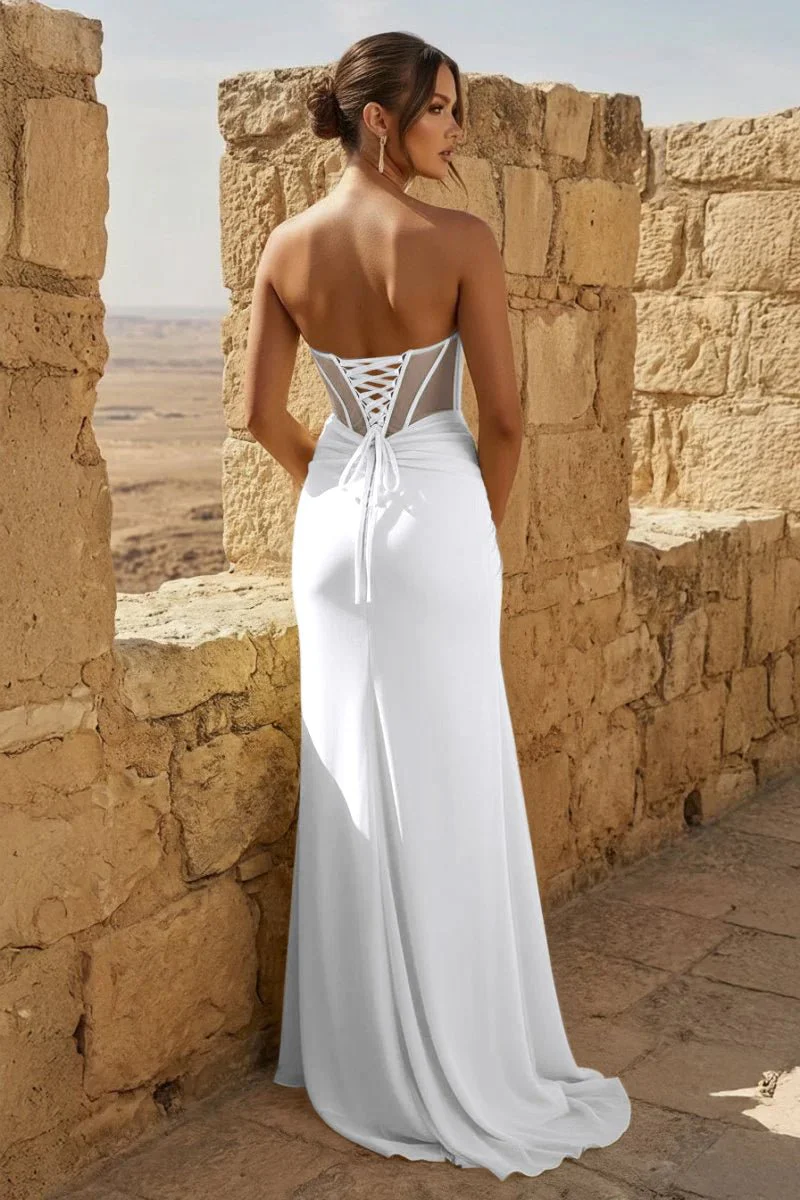 Yellow Strapless Sheath Pleated Long Prom Dresses With Slit