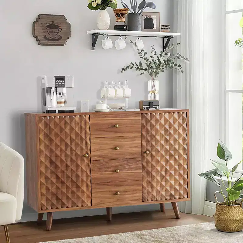 GustoWave 47 in Wood Farmhouse Buffet Cabinets with 2 Doors and 4 Drawers, Large Sideboard Buffet Cabinet with Diamond Engraving