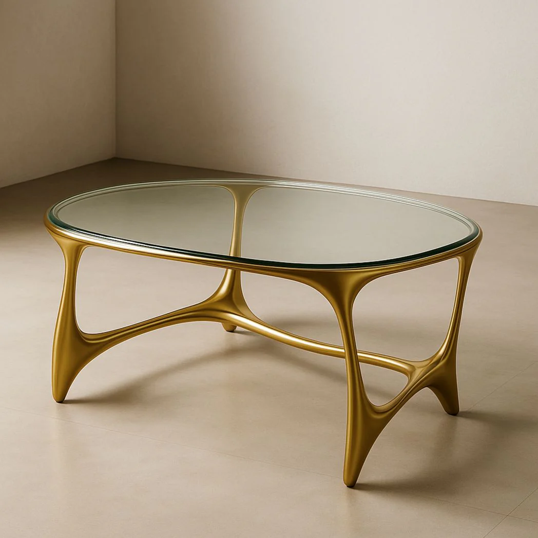 Table basse ovale en verre trempé épais avec pieds en métal doré