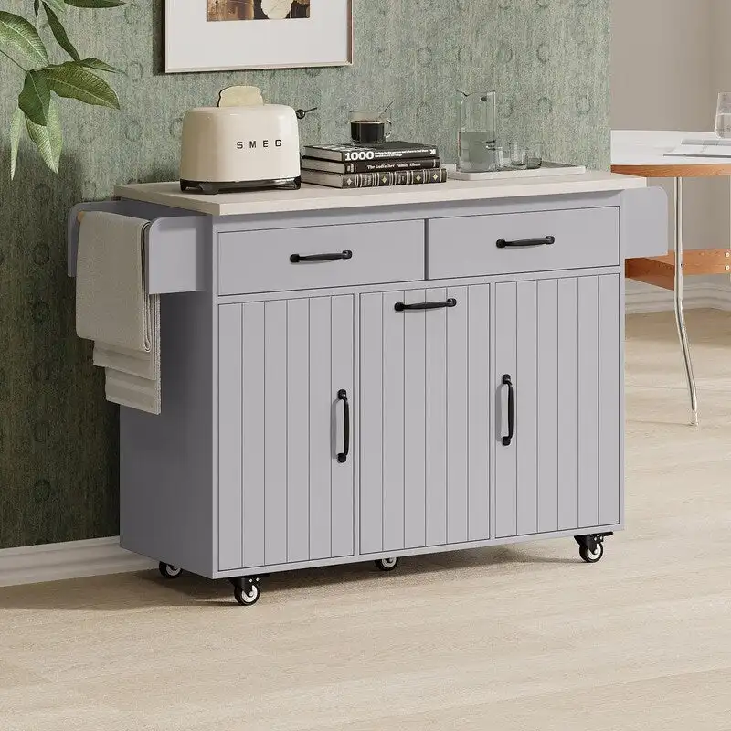 Grey / Walnut Brown / White Oak Rolling Kitchen Island with Trash Cabinet, Drop Leaf & Wheels, For 1–2 Person Use