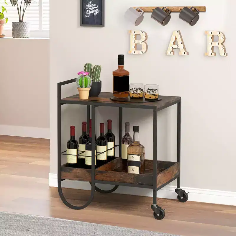 Costway Industrial Bar Cart Rolling Buffet Serving Cart with Removable Metal Wire Rack