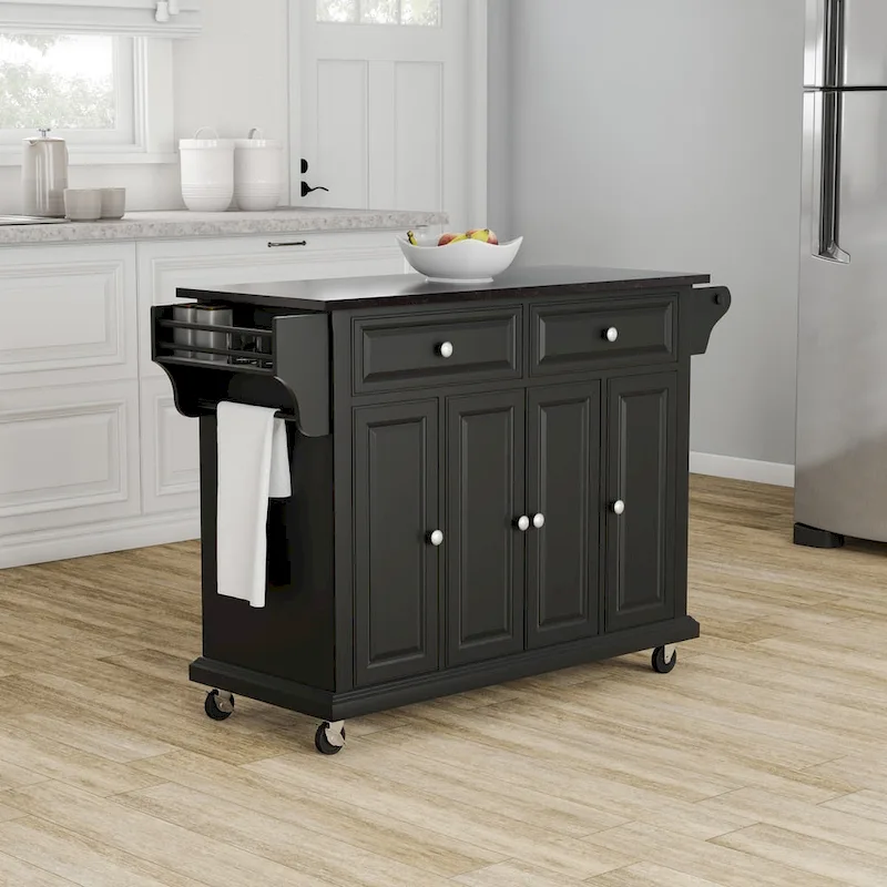 Black Wood Kitchen Cart/ Island with Solid Black Granite Top - 18d x 51.5w x 36h