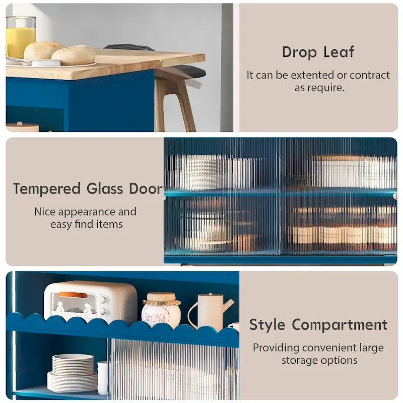 LED Light Kitchen Island on Wheels with Drop Leaf and Power Outlets