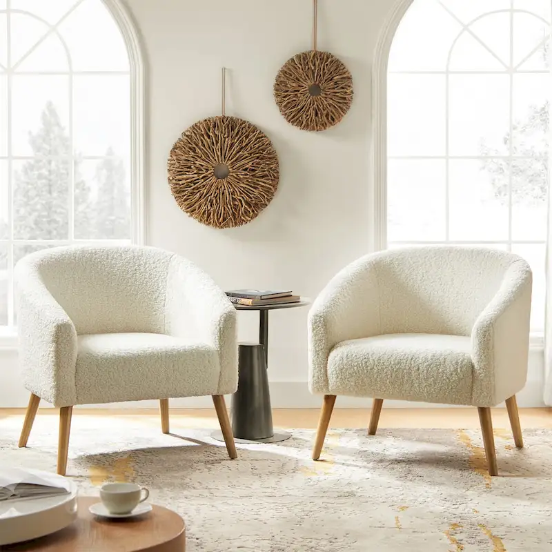 Modern Boucle Armchair with Solid Wood Legs, Set of 2