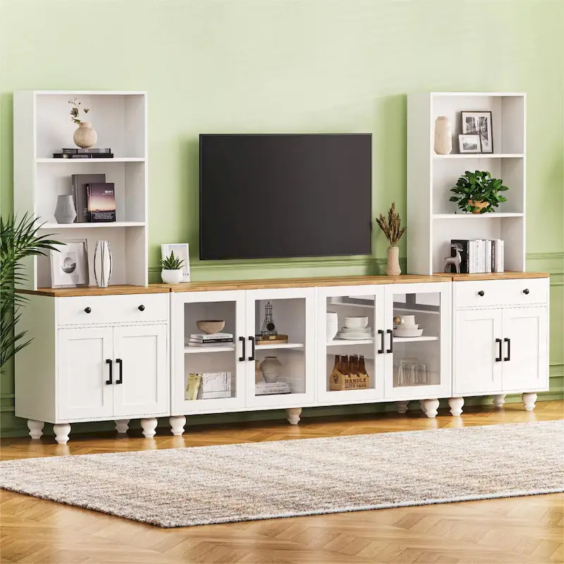 White+Natural / Black, 3-Piece Entertainment Center with Glass Doors & Adjustable Shelves, 2-Person Assembly