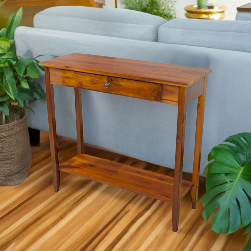 Mahogany / Natural / Black Solid Acacia Wood Console Table with Drawer & Bottom Shelf – Single