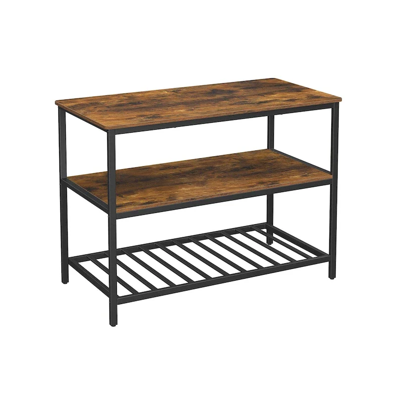 Black Metal Kitchen Shelf with Large Wooden Worktop and Adjustable Storage Racks