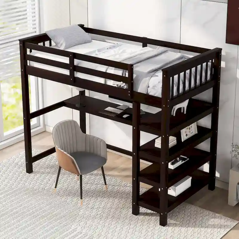 Gray / White / Espresso, Twin Loft Bed with Desk & Shelves, 1-Person