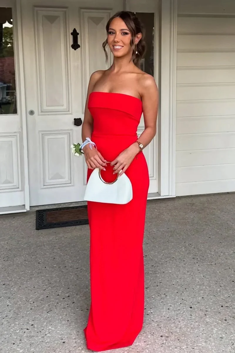 Red Strapless Sheath Satin Pleated Long Formal Prom Dresses