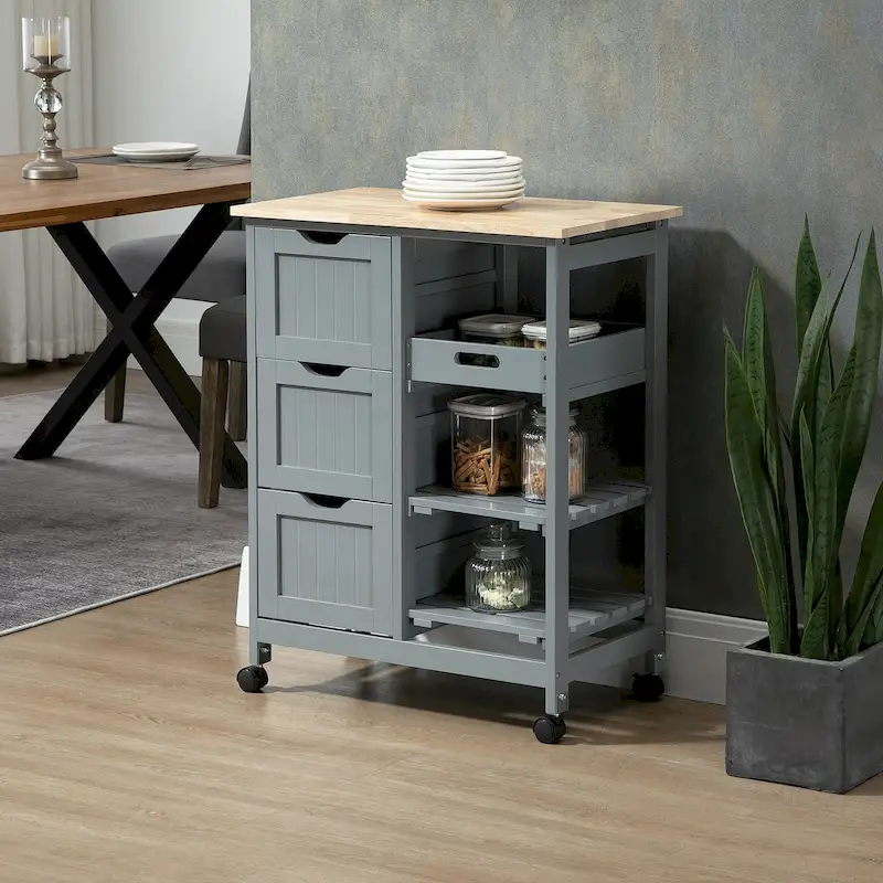 Grey / White / Black Rolling Kitchen Cart with Wood Top, Drawers & Shelves, Single