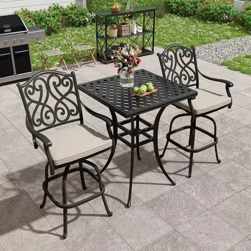 Mondawe Black 3-Piece Cast Aluminum Patio Outdoor Bistro Set with 2 High Bar Swivel Chairs, Square Table (Seat 2)
