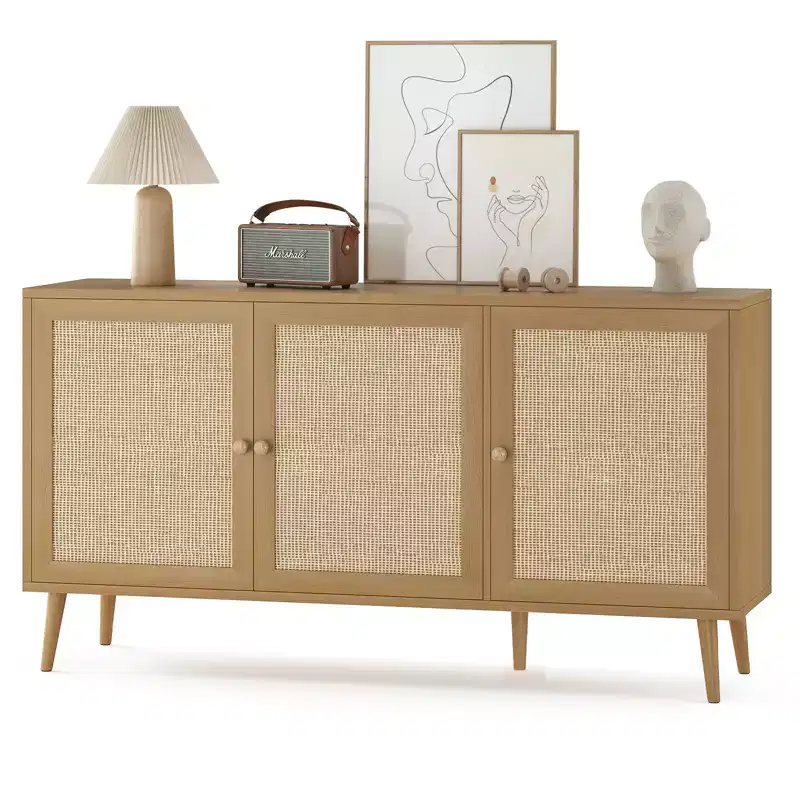 PexFix Side Panel Cabinet With 3 Rattan Doors Kitchen Storage Cabinet Modern Adjustable Legs