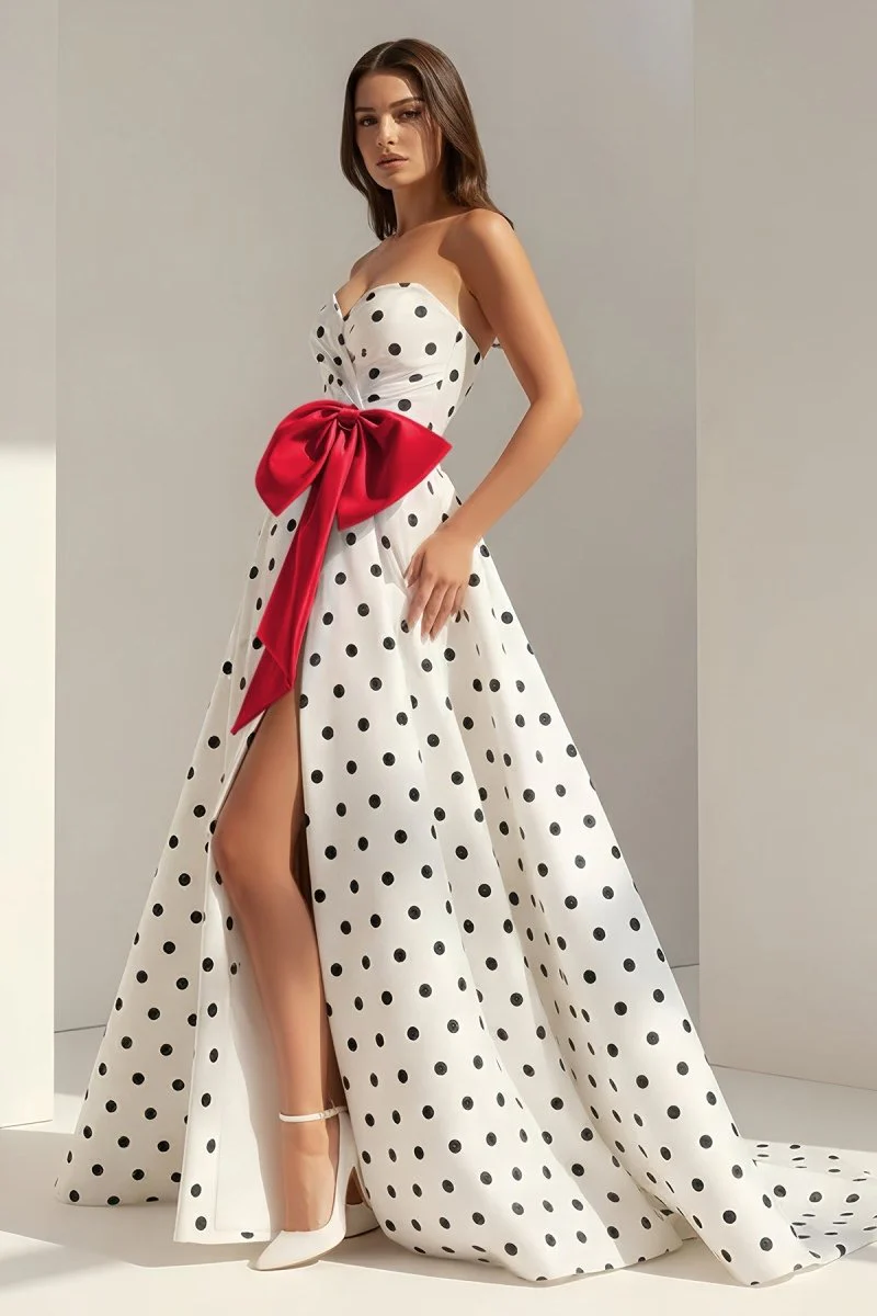 Fuchsia Strapless A Line Polka Dots Satin Long Prom Dresses With Bow