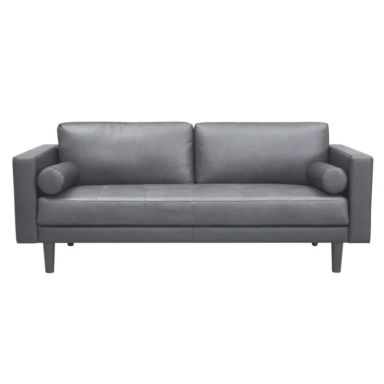 Modern Genuine Leather Sofa with Wooden Legs & Additional Bolster Pillow