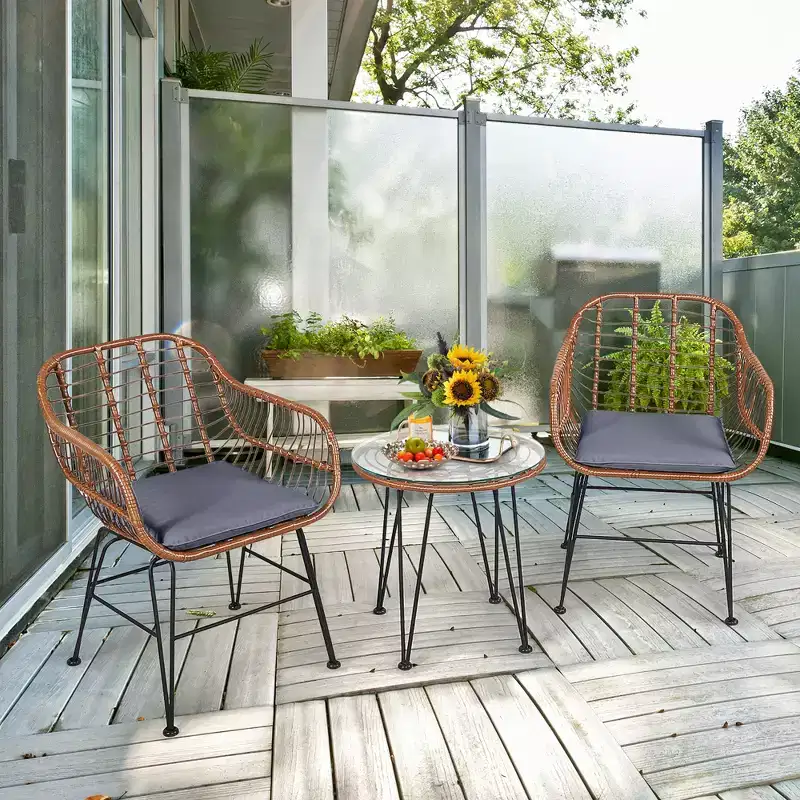 Costway 3PCS Patio Rattan Bistro Set Coffee Table Armchair Garden