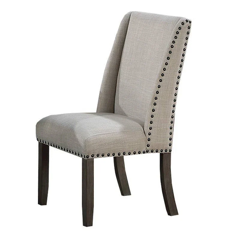 Wingback Dining Side Chair Set of 2, Oak Brown Wood, Beige Fabric, Nailhead Trim