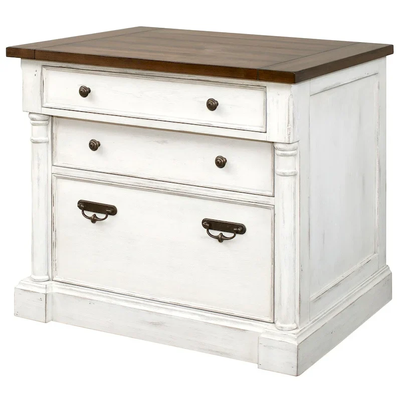 Weathered White Rustic Lateral File Cabinet, Locking Legal/Letter Drawer, 1-Person