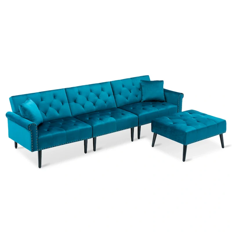 Convertible Velvet Sofa Couch, Sectional Sofa with Ottoman, Mid-Century Futon Sofa Bed - 32D x 100.7W x 29.9H