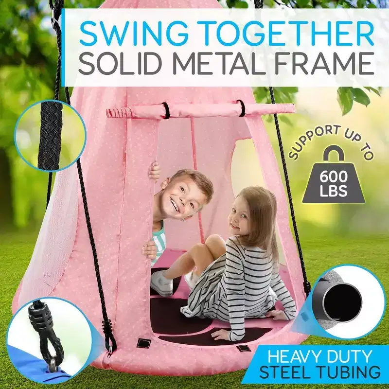 Hanging Saucer Swing for Outdoor Fun with Detachable Play Tent, 600 lbs Capacity, Pink