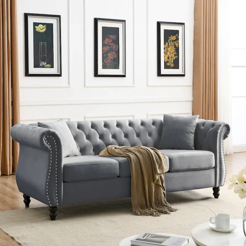 Grey Chesterfield-Style Sofa, Classic Button Tufted Design, 3-Seater, Living Room Couch