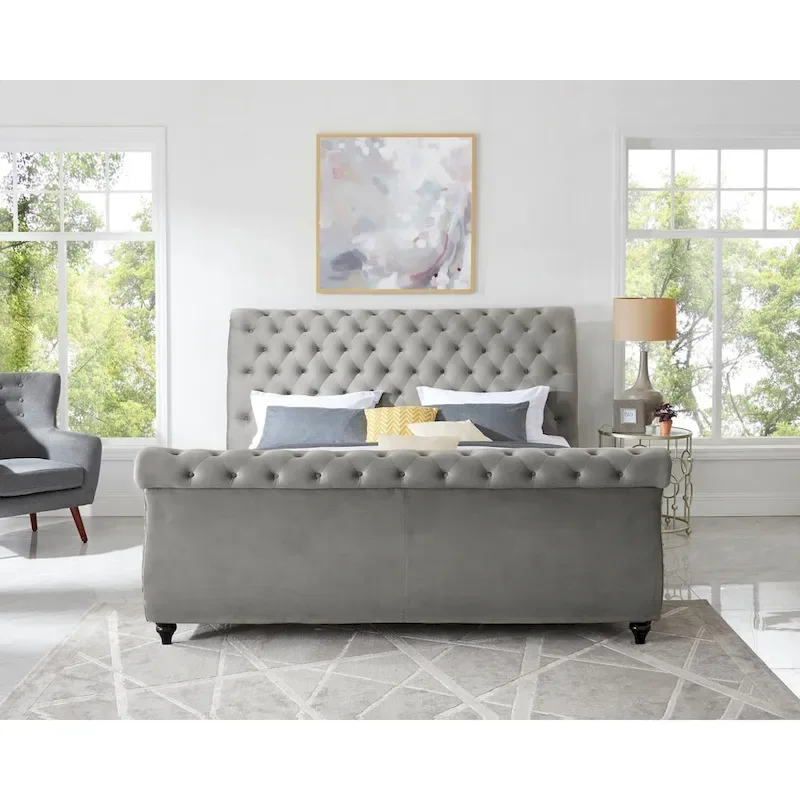 Roundhill Furniture Evora Grey Velvet Button-tufted Sleigh Bed