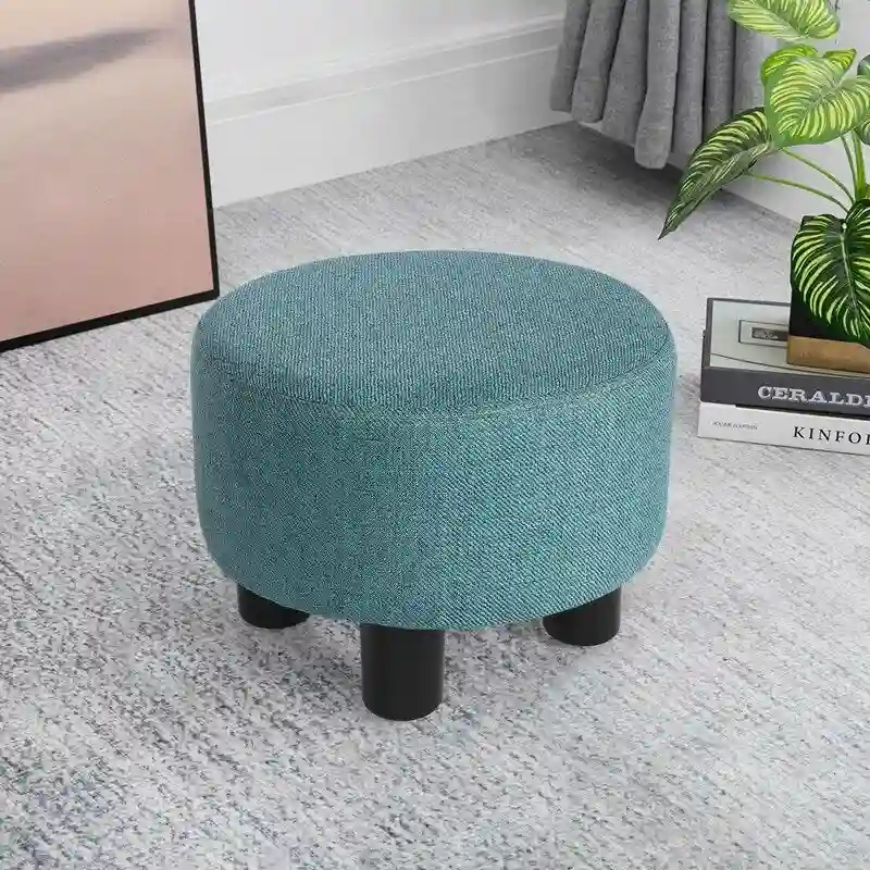 Blue Small Round Fabric Ottoman Footstool, 1-Person