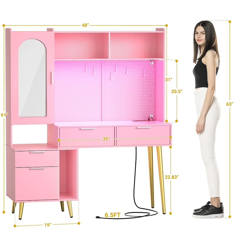 Makeup Vanity with Pegboard and Hutch, Bedroom Vanity Table with Charge Station and LED Light - N/A