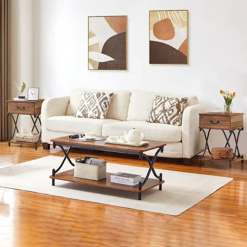 Modern 3-piece Coffee Table, Sofa Table & 1-drawer Nightstand Set of 2(Brown/Black/White)