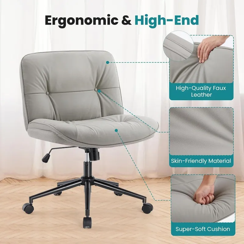 PU Leather Swivel Office Chair – Khaki / Beige / Black, Criss-Cross Base, Single User