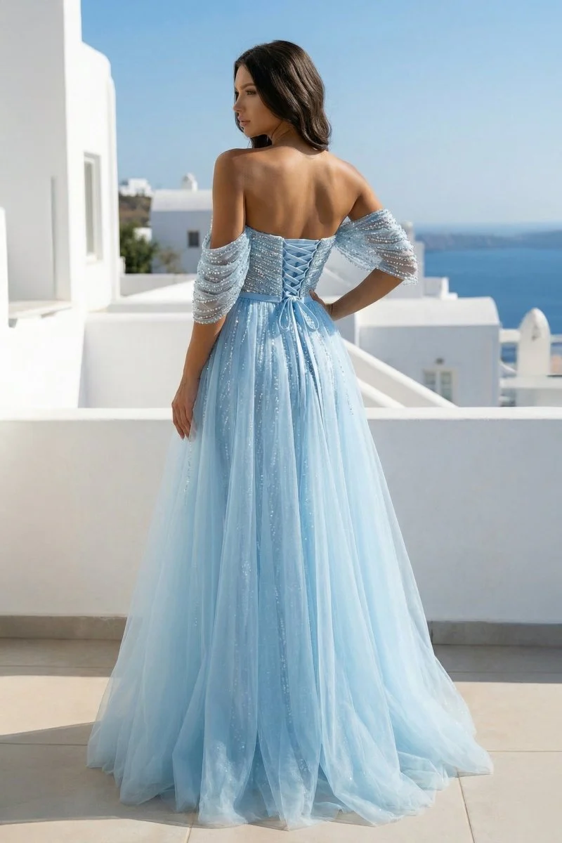 Sheath Sweetheart Prom Dresses Short Sleeve Detachable Sequined with Slit Overskirt