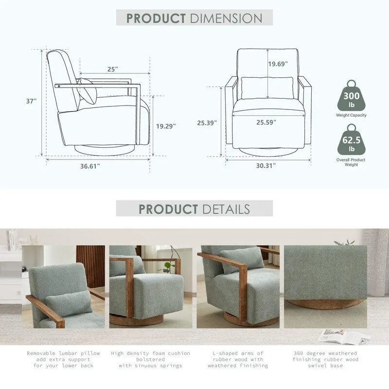 360 Degree Swivel Accent Chair with Solid Wood Armrest and Base