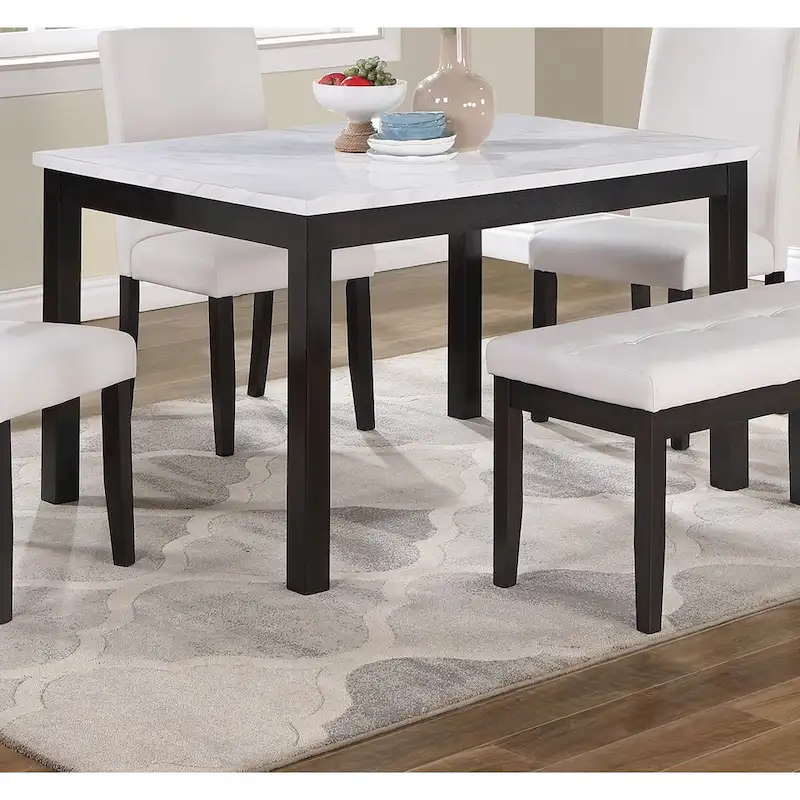 5 Piece Dining Table Set, Kitchen Dinette Set with Faux Marble Top Table, Bench and 3 Faux Leather Cushioned Chairs