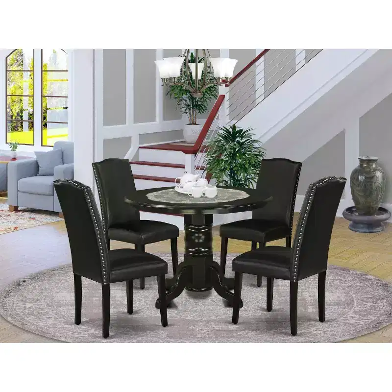 HomeStock 5-Piece Round Black Finish Solid Wood Top Dining Table with 4 Black Faux Leather Upholstered Parson Chairs, Seats 4
