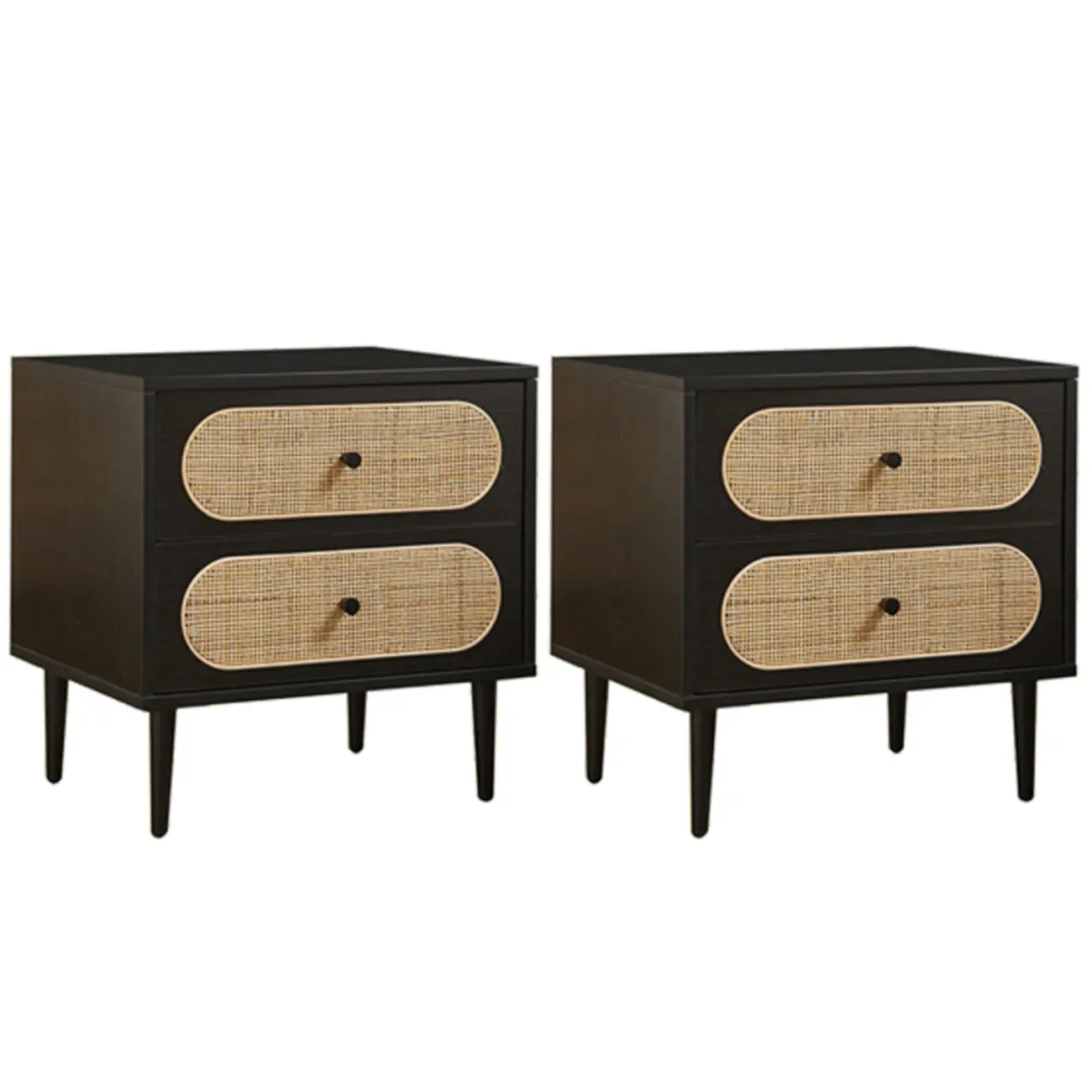 Modern Rattan Espresso Wood 2-Drawer Nightstand