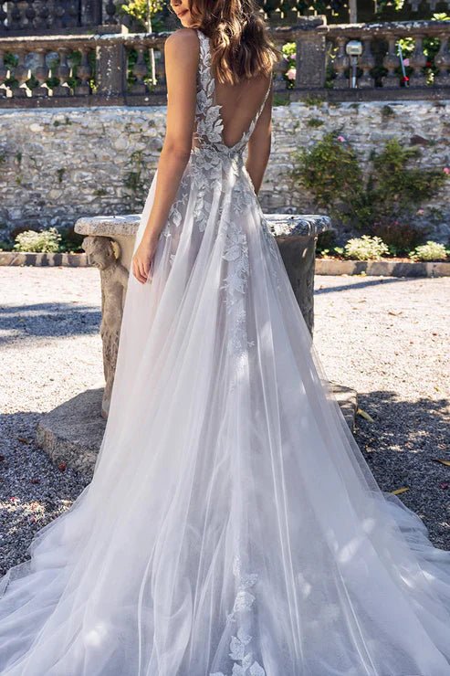 Attractive Illusion Deep V Neck Lace Appliques Boho Wedding Dress with Slit