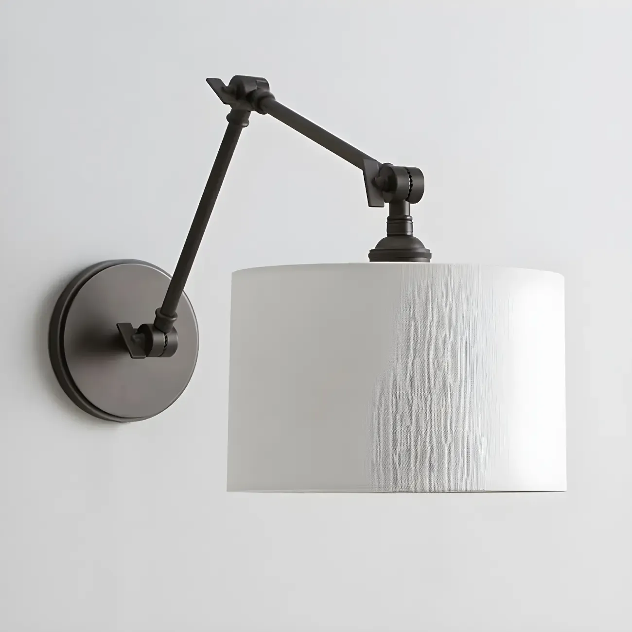 Black 1-Light Metal Swing Arm Wall Light with White Fabric Shade