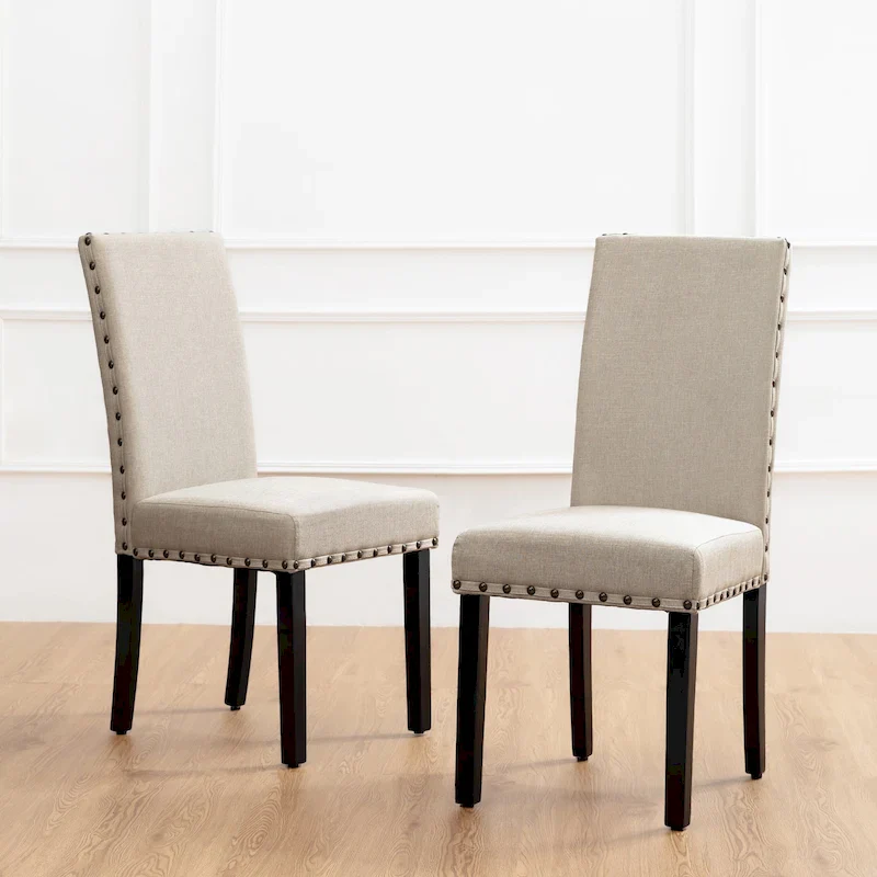 High Back Linen Fabric Dining Chairs with Nailhead Trim – Grey / Cream White / Tan