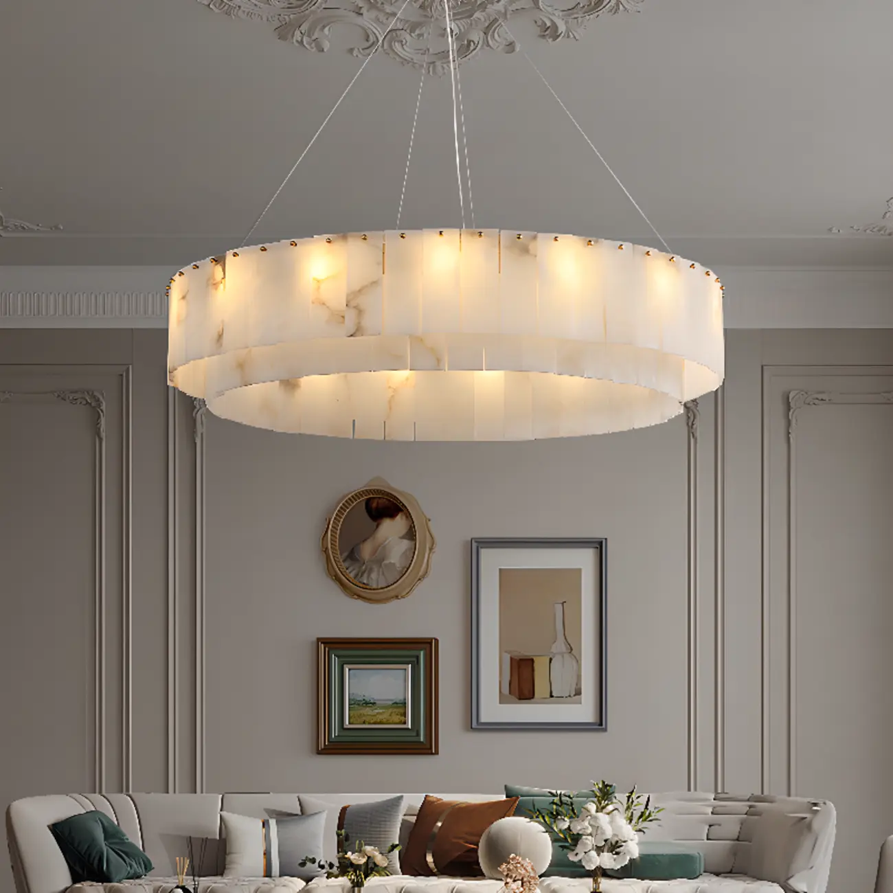 White Circular Alabaster Modern Ring Chandelier Light