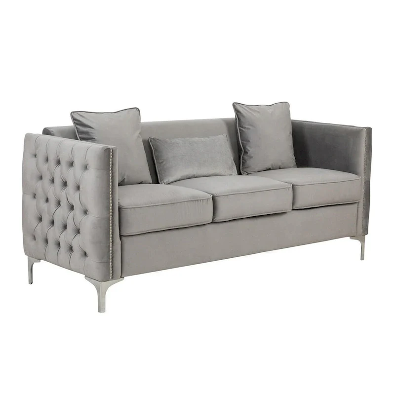 73 Inch Modern Sofa with 3 Pillows, Tufted Gray Velvet, Silver Legs