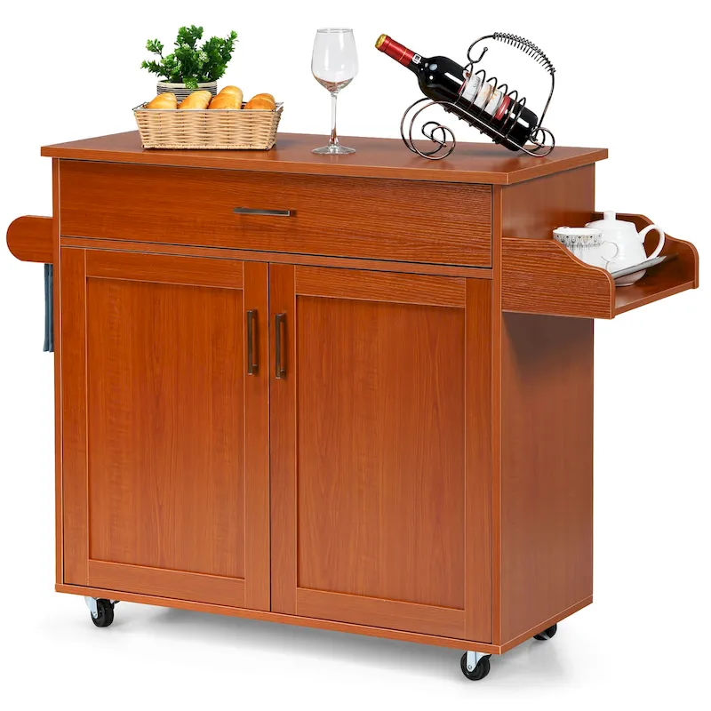 Rolling Kitchen Island Cart with Drawer, Cabinet & Spice Rack (Brown / Grey)