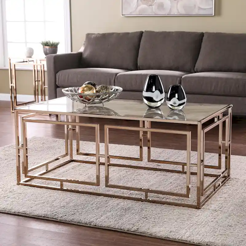 Rectangular Geometric Faux Marble Glass-Top Coffee Table