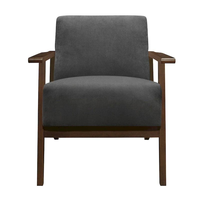 32 Inch Accent Armchair, Dark Gray Velvet, Walnut Brown Solid Wood
