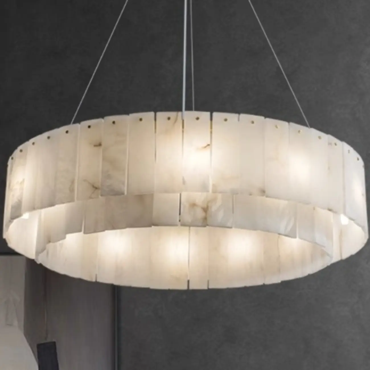 2-Tiers White Metal Circle Alabaster Drum Chandelier