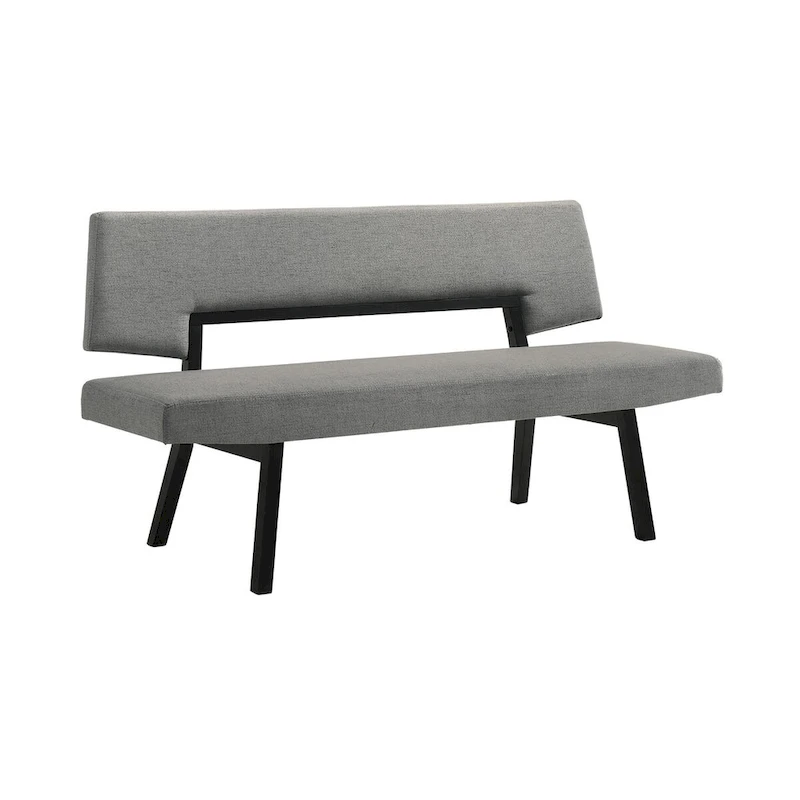 Yumi 63 Inch Dining Bench, Seat and Back with Charcoal Gray Fabric, Black