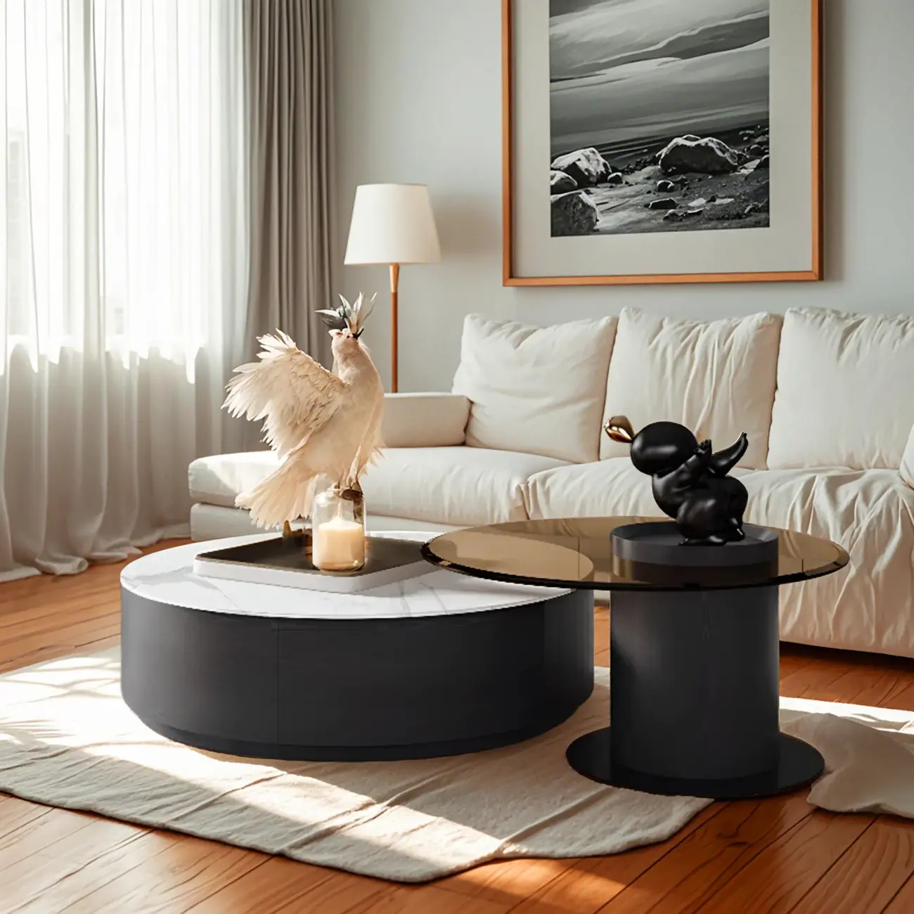 Modern Round White Nesting Coffee Table Set with Drawers